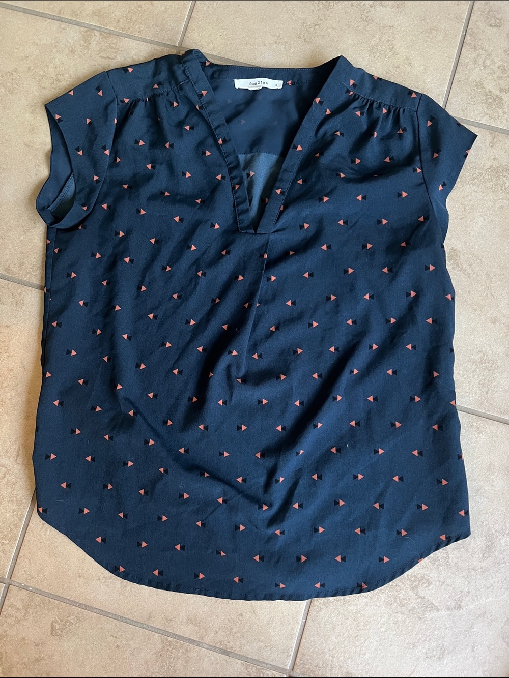 fun 2 fun Navy Cap-Sleeve V-Neck Blouse with orange Triangle Print